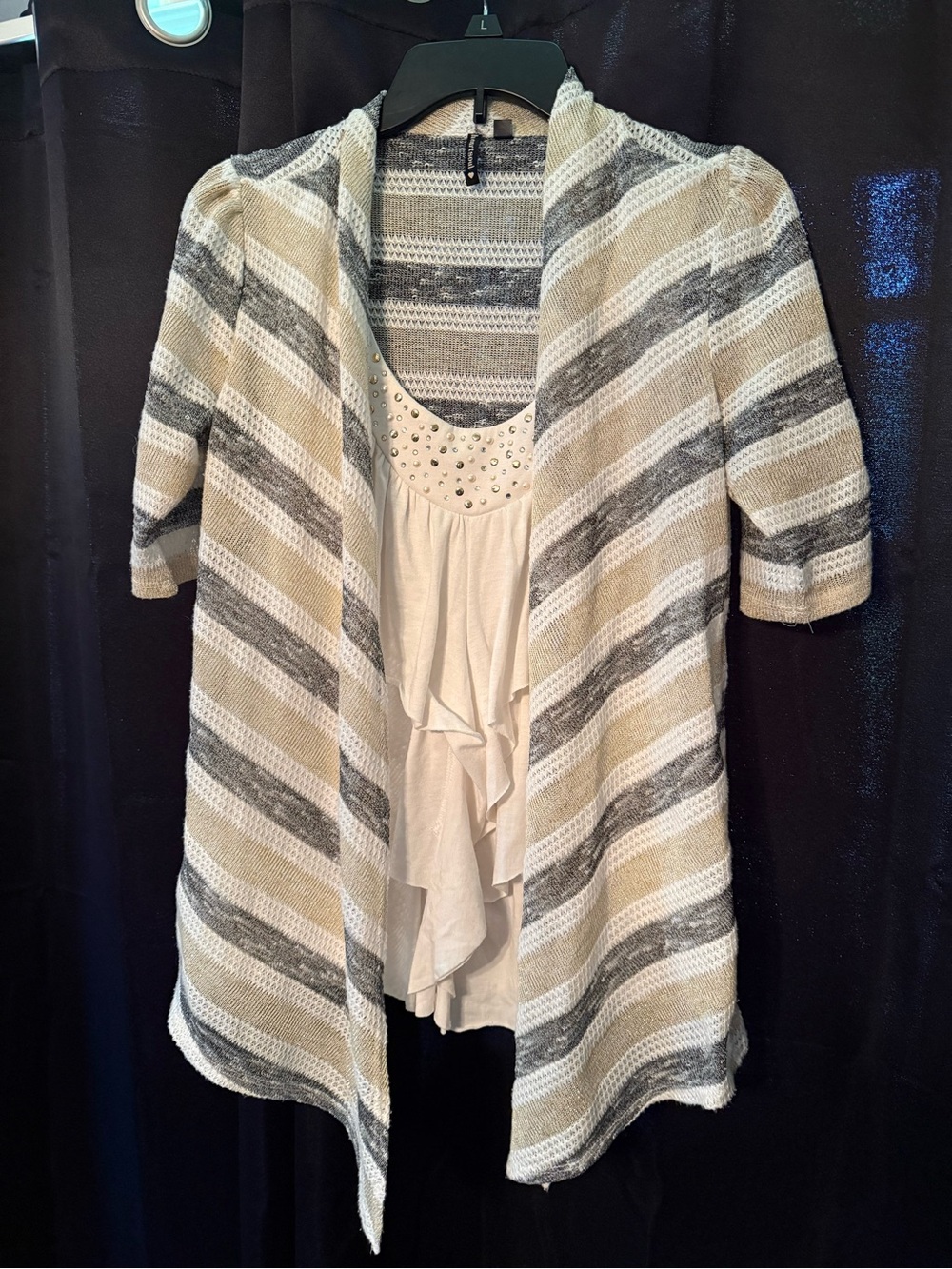 HeartSoul Striped Open Knit Cardigan in Cream, Gray & Beige